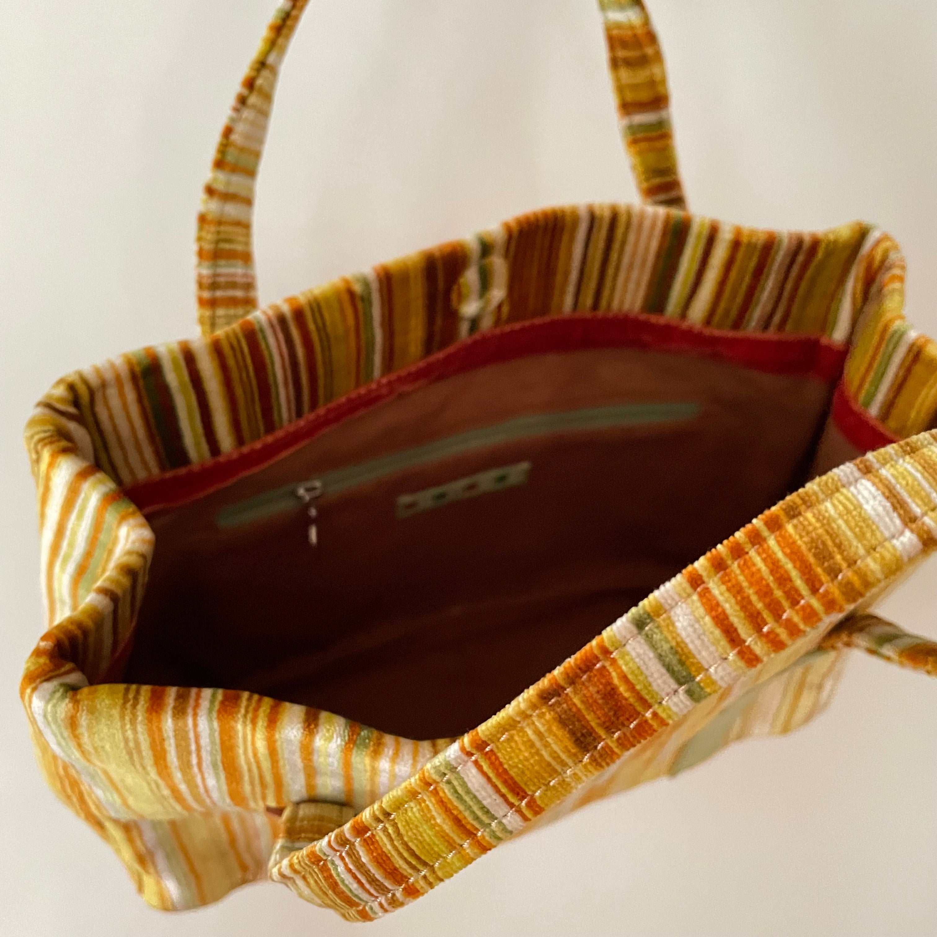 Premium Collection | Vintage Chenille Fabric Hand Bag with Rust and Lime Leather Accents | Yellow